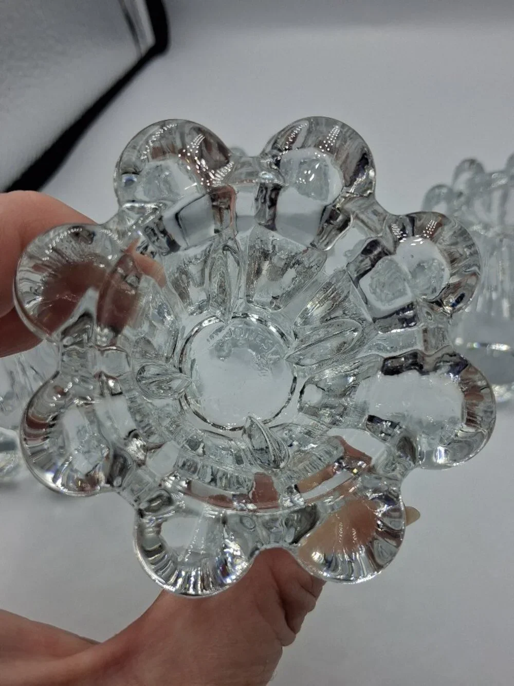 Lot of 4 Vintage Indonesia Heavy Clear Glass Tealight Flower Petal Scroll Holder